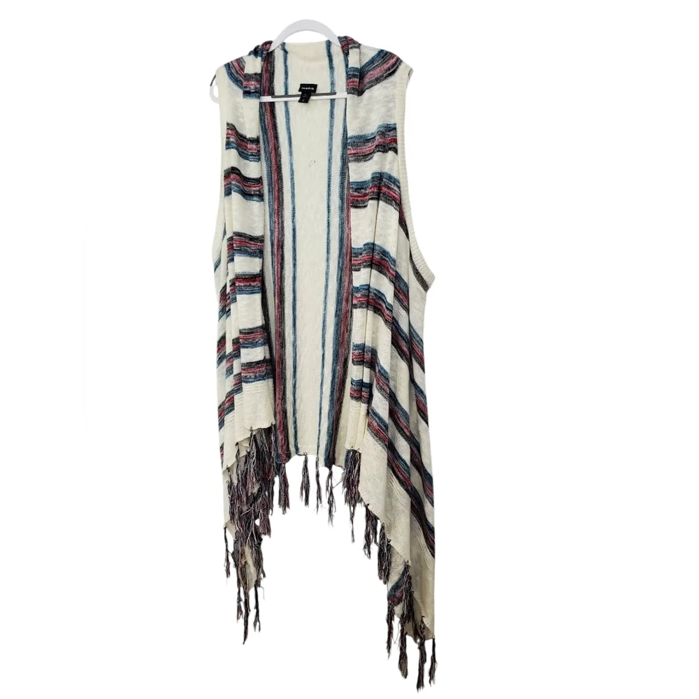 Torrid Striped Knit Fringed Vest Waterfall Front Cream Red Blue Sz 4 Pre-Owned - Picture 3 of 12